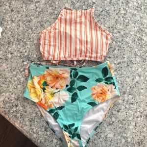 Orange Stripe And Floral High-waisted Bikini - M / Multi-color